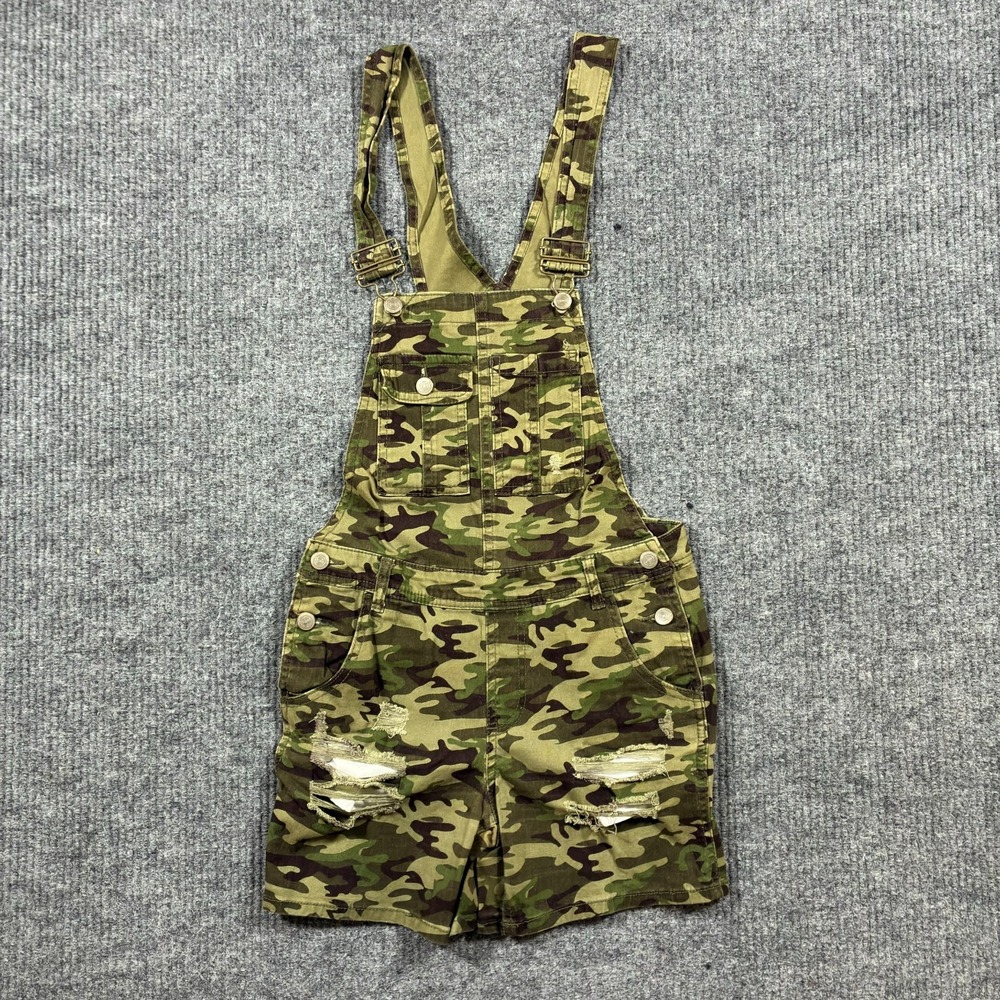 NOBO No Boundaries Girls Bib Shortalls Size 3-5 Green‎ Camouflage Distressed